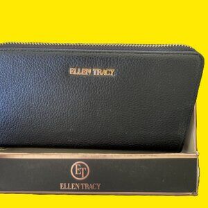 Ellen Tracy Black Leather Large Wristlet/Wallet in the box-Gift Ready  NWT